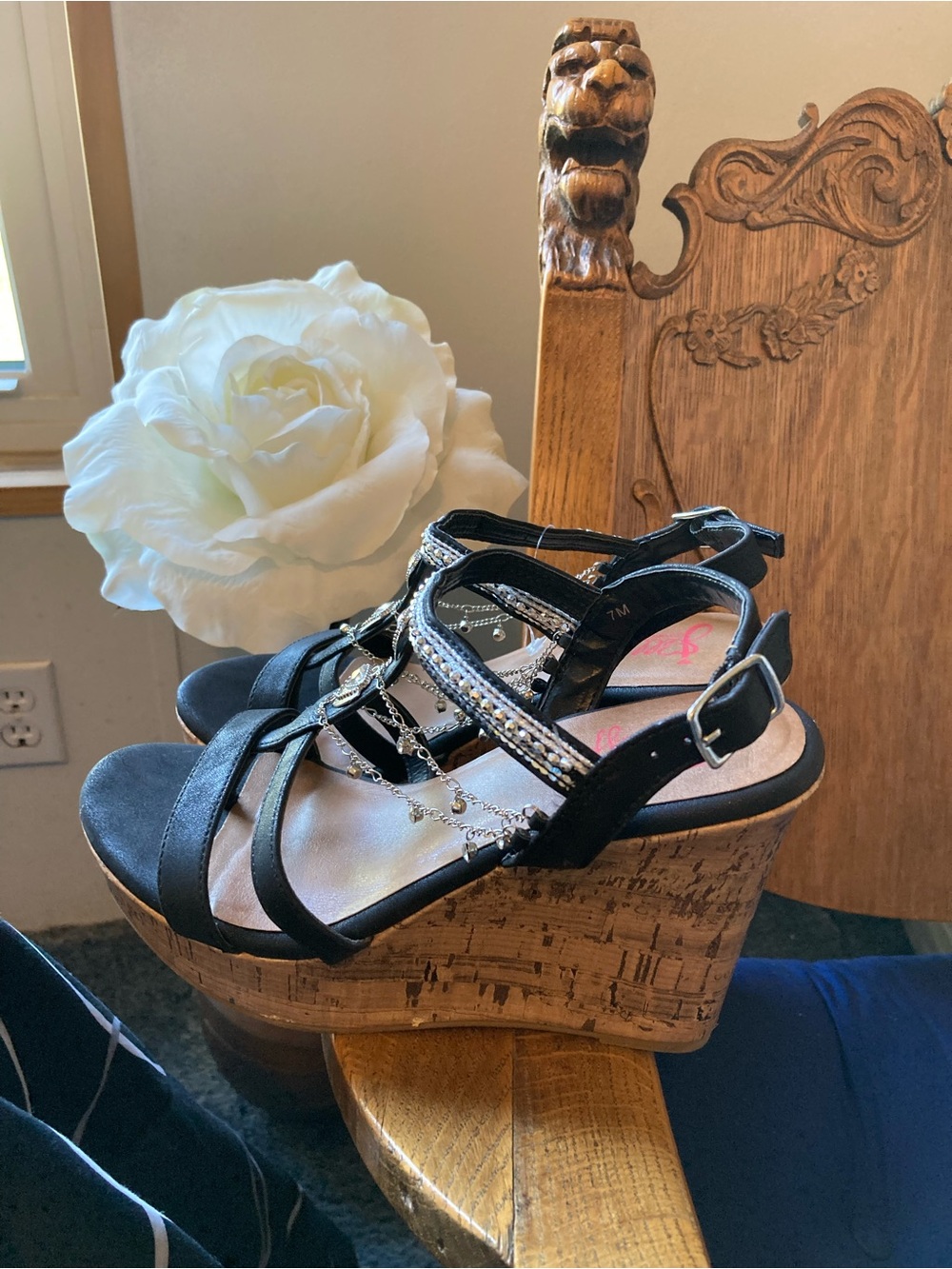 Jellypop Black Wedge Sandals with Chain & Rhinestone Detail